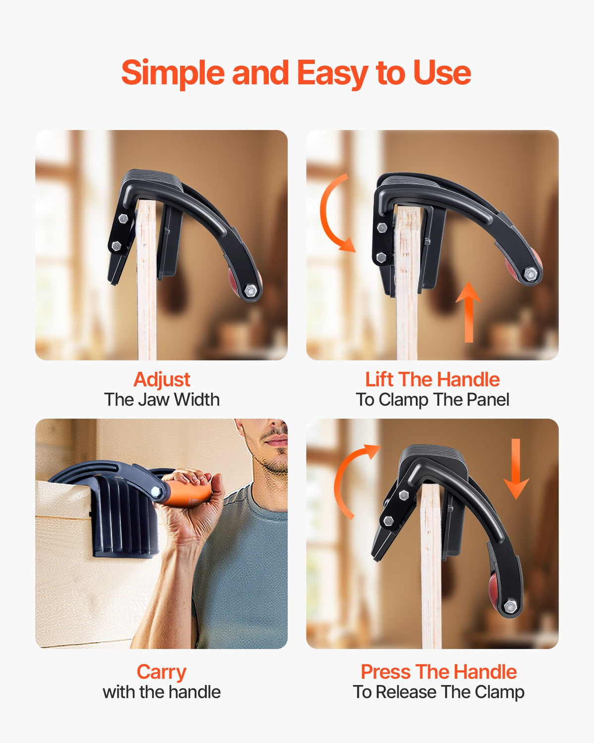 How the carrier is used: adjust the jaw, lift the handle to clamp, carry, press to release