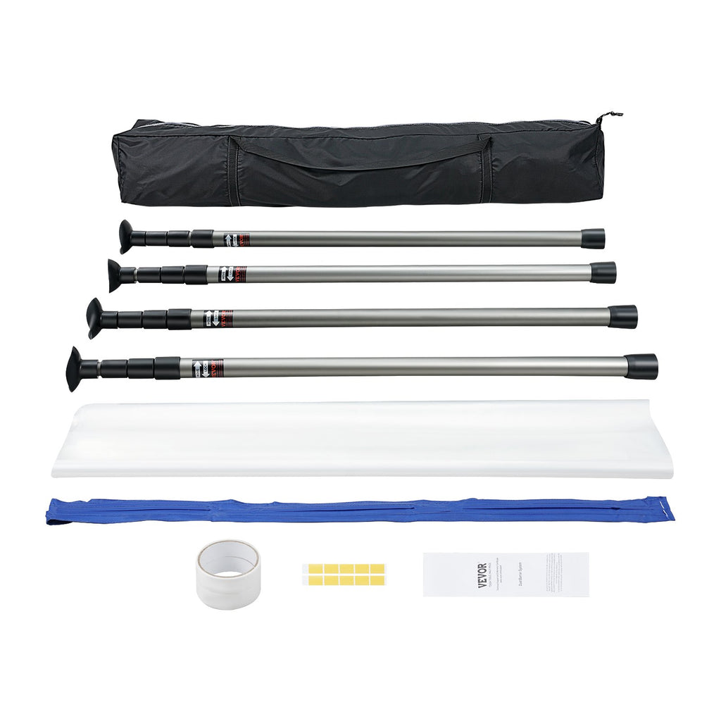 Everything in the box: carry bag, four telescoping poles, plastic film, blue zip door strip, tape, adhesive pads and instructions