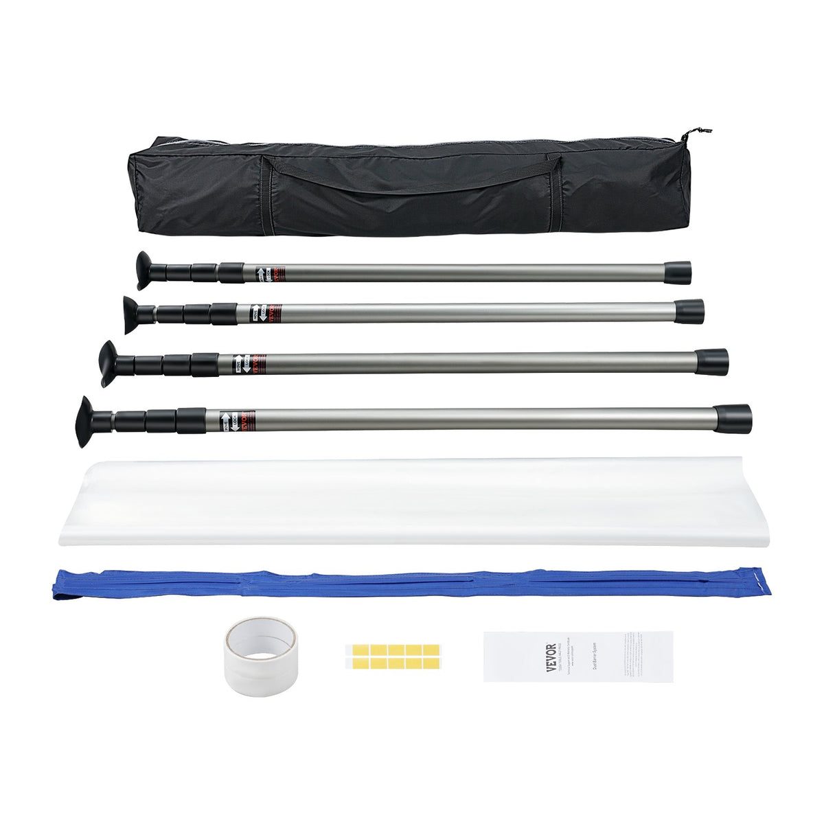 Everything in the box: carry bag, four telescoping poles, plastic film, blue zip door strip, tape, adhesive pads and instructions