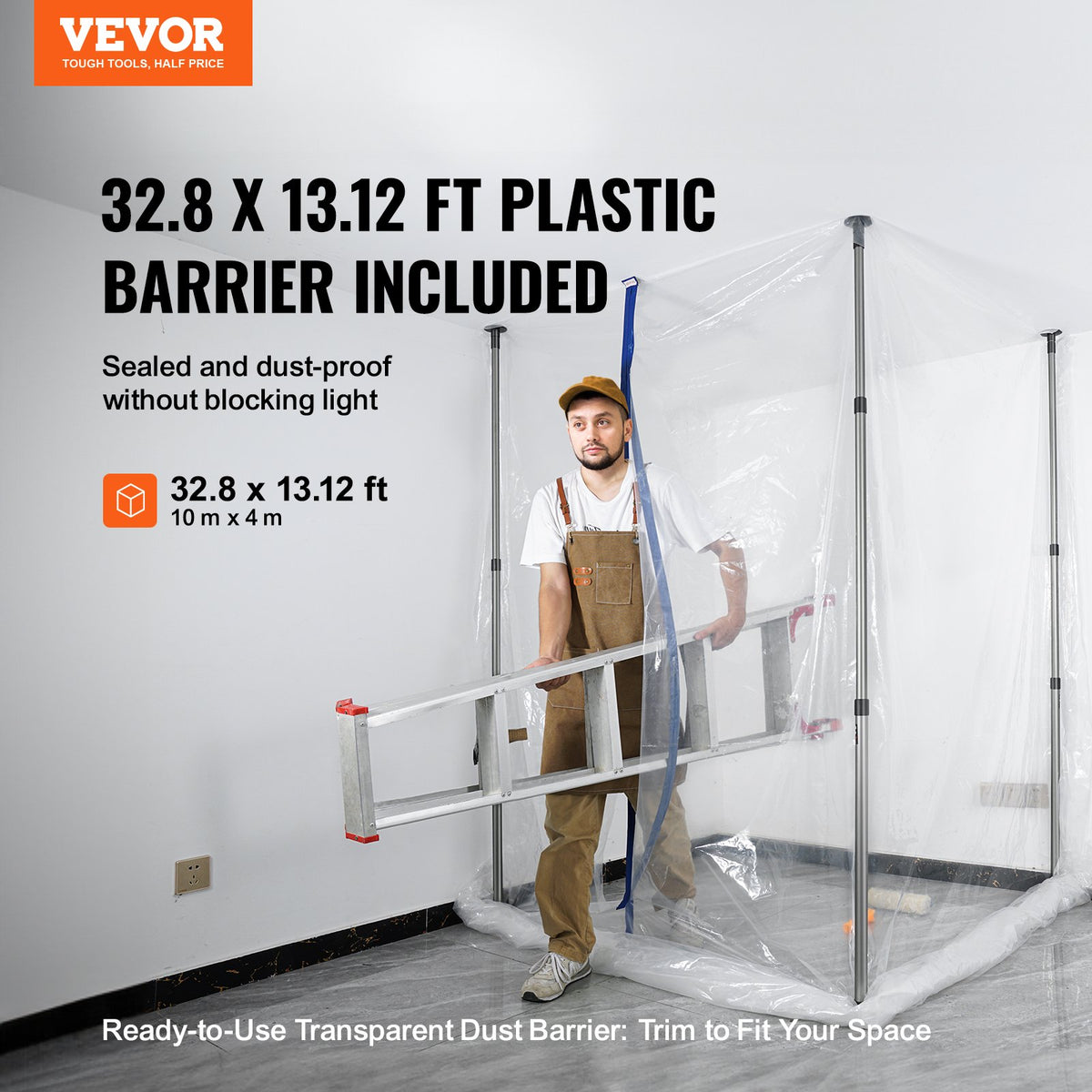 Barrier erected floor to ceiling in a room, clear film enclosing a work area with a ladder inside