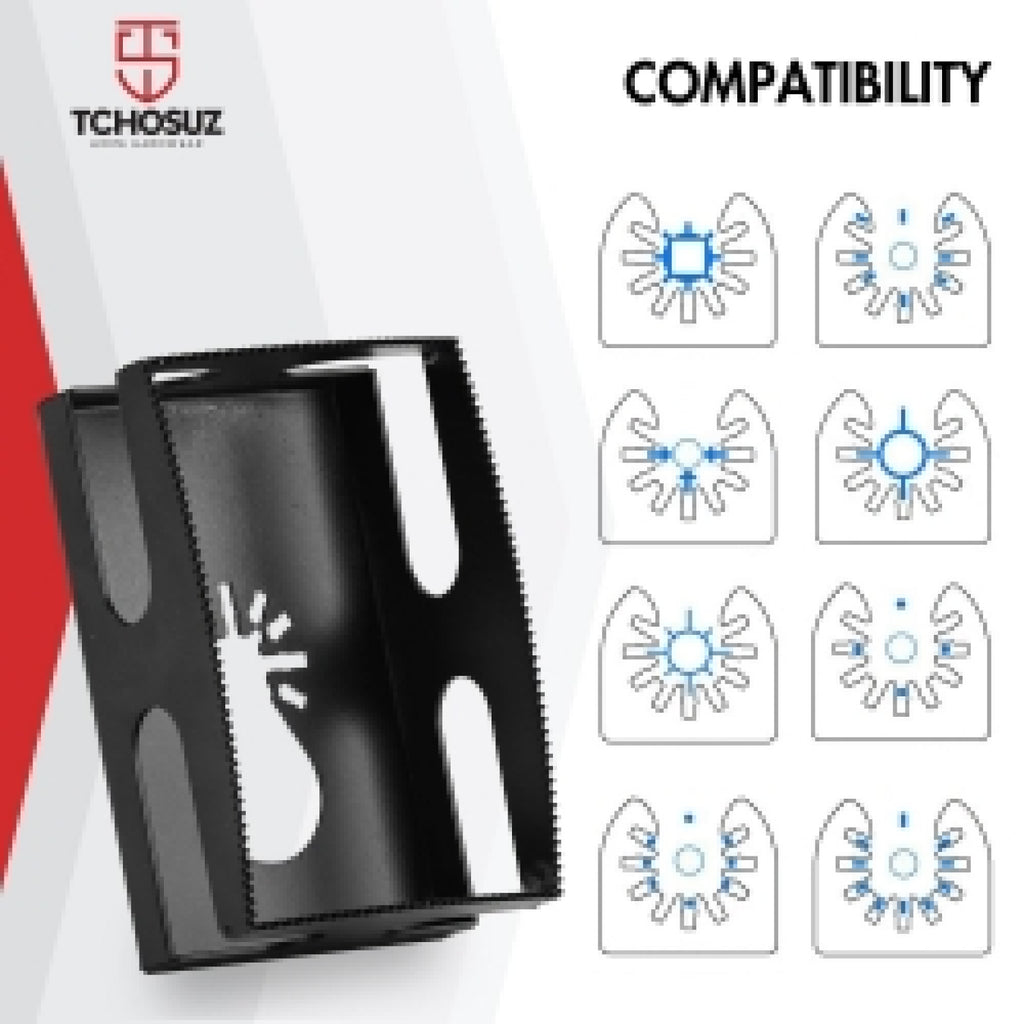 Compatibility chart showing the eight oscillating tool mount patterns the plate fits