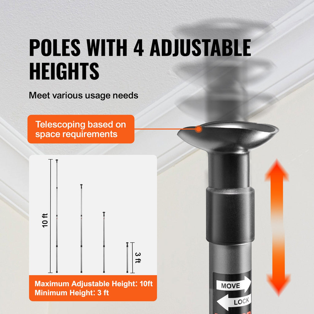 Pole telescoping from 3 ft to 10 ft, with the pressure pad seated against a ceiling